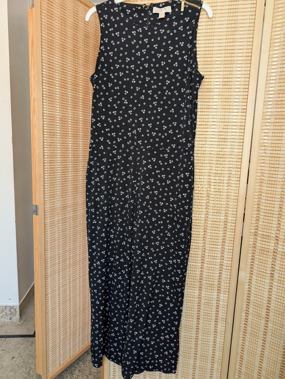 Michael Kors Sleeveless Black Maxi Pantsuit with White Floral Print